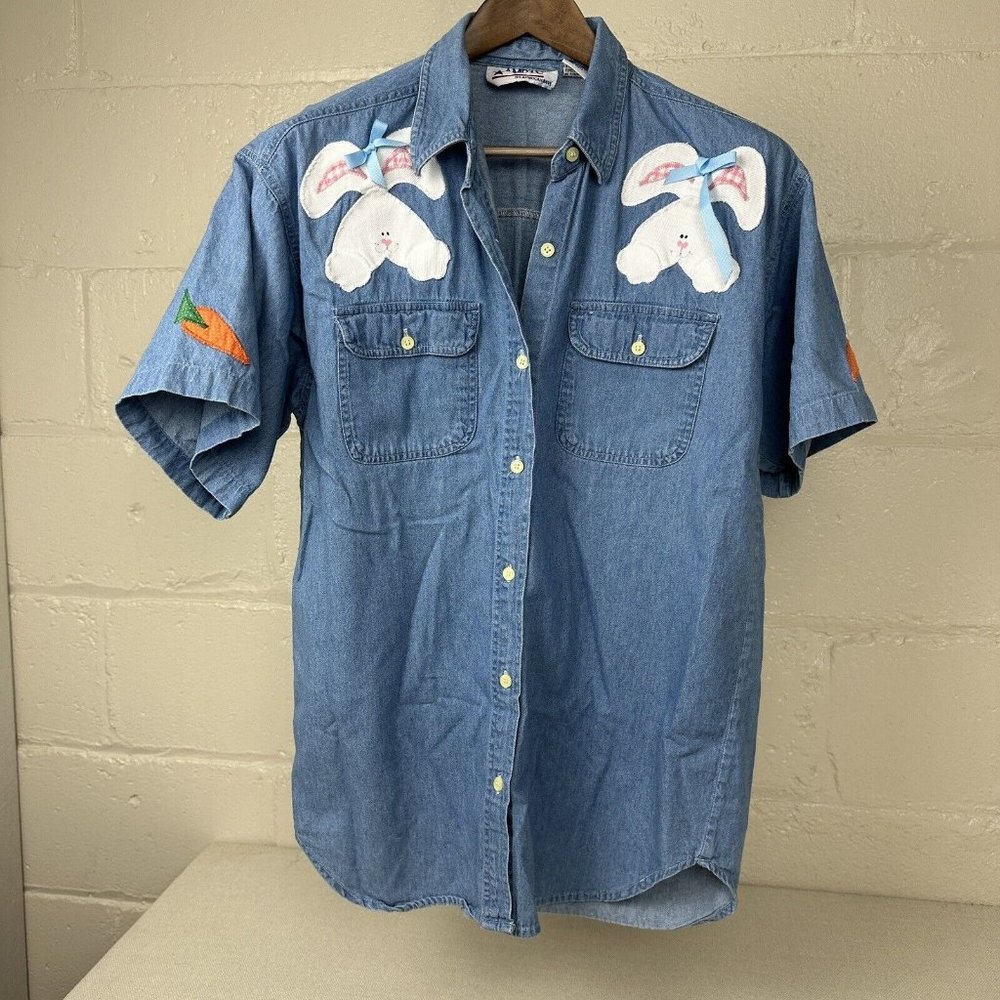 Vintage Bunny Rabbit Spring Easter Chambray Shirt Womens Size Medium